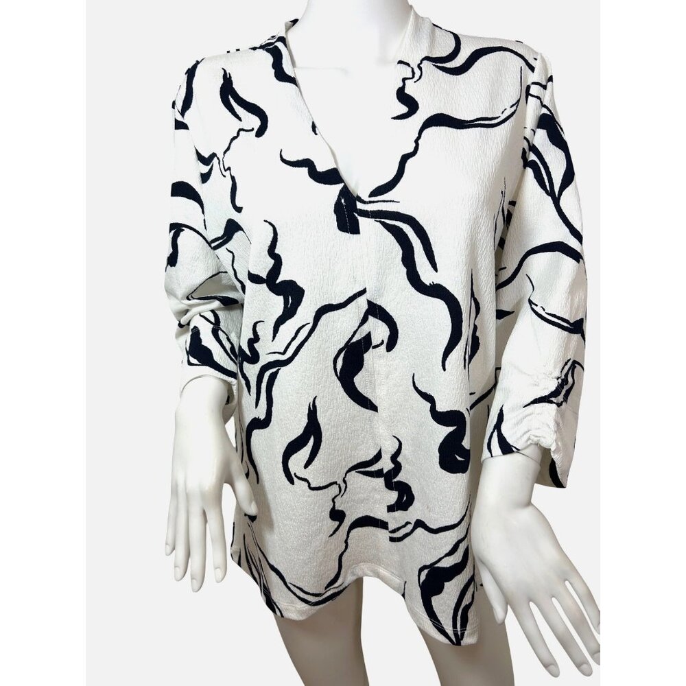 FDJ French Dressing Jeans Tunic Top XL White Navy Abstract Pattern Swirls Artsy